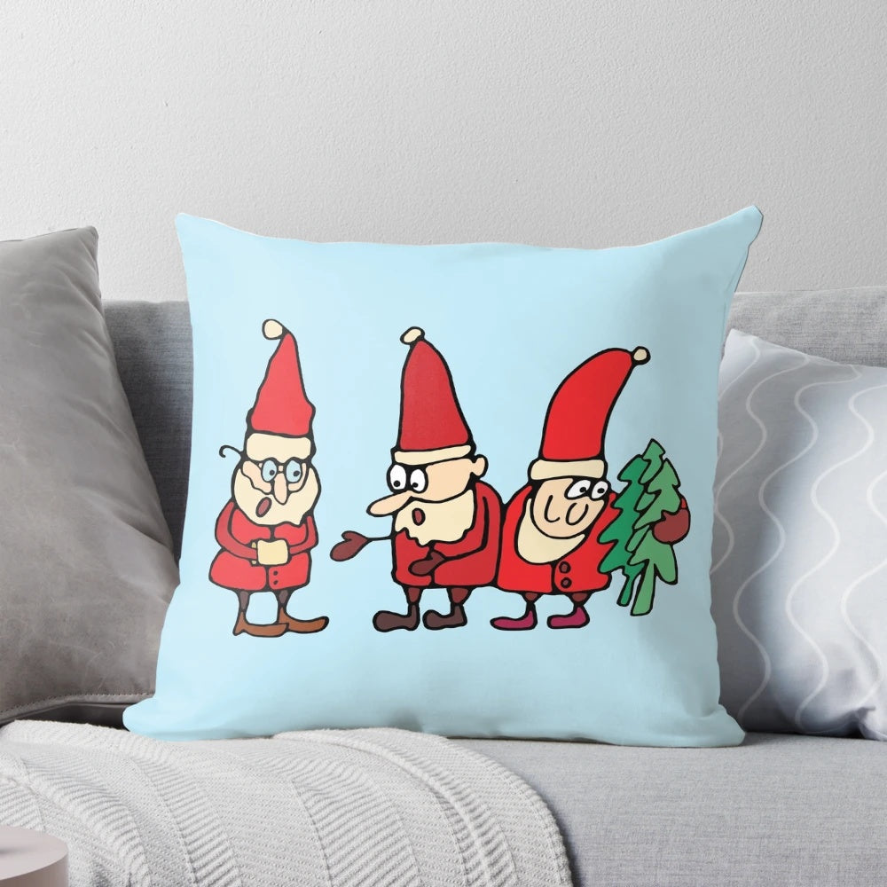 A cozy and vibrant pillow featuring a smiling Santa Claus surrounded by lush Christmas trees.