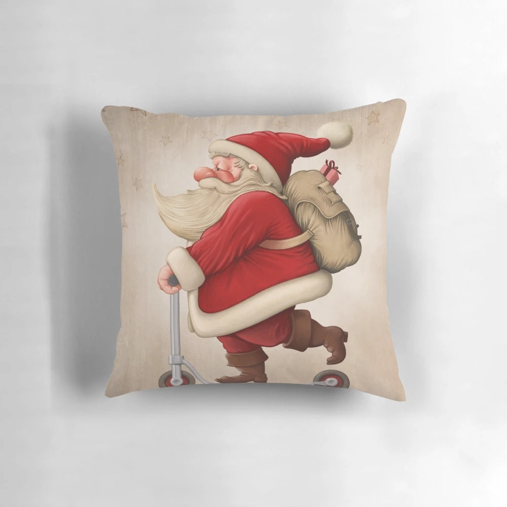 A cozy, decorative pillow featuring a jolly Santa Claus riding a push scooter against a winter wonderland background.