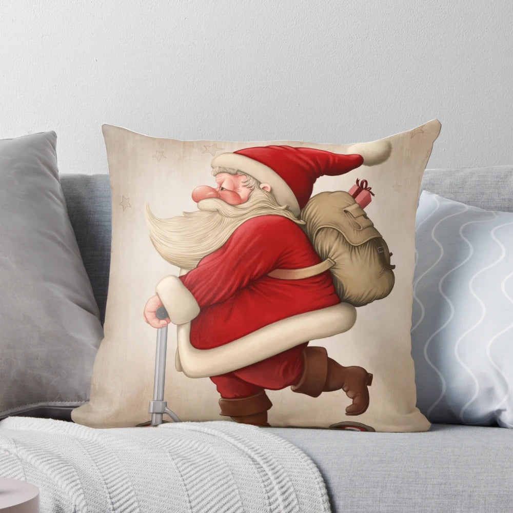 A cozy, decorative pillow featuring a jolly Santa Claus riding a push scooter against a winter wonderland background.
