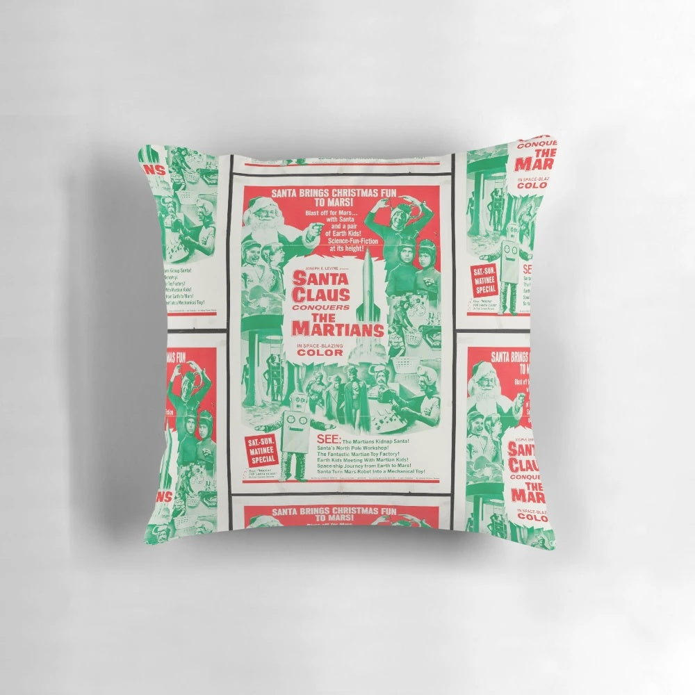 Santa Claus Conquers the Martians Pillow, featuring a classic Christmas sci-fi movie scene