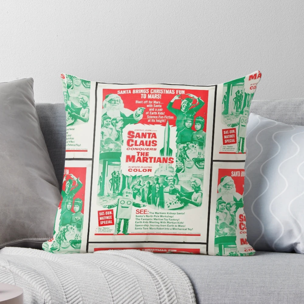 Santa Claus Conquers the Martians Pillow, featuring a classic Christmas sci-fi movie scene