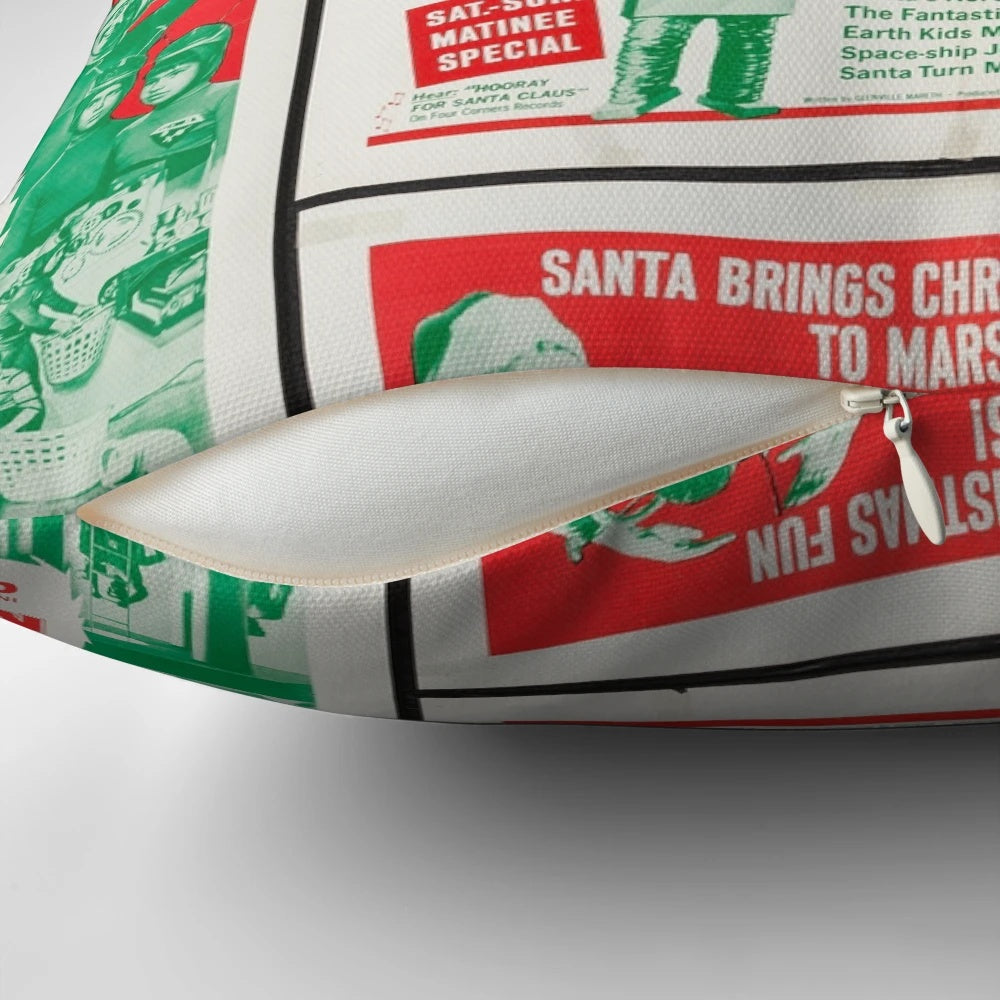Santa Claus Conquers the Martians Pillow, featuring a classic Christmas sci-fi movie scene