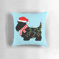 A whimsical Christmas pillow featuring a scottie dog with colorful holiday lights