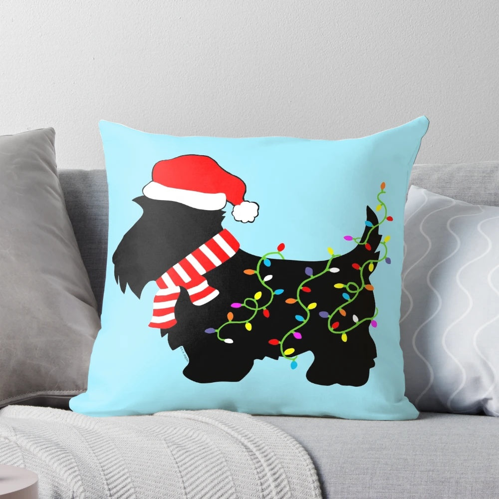 A whimsical Christmas pillow featuring a scottie dog with colorful holiday lights