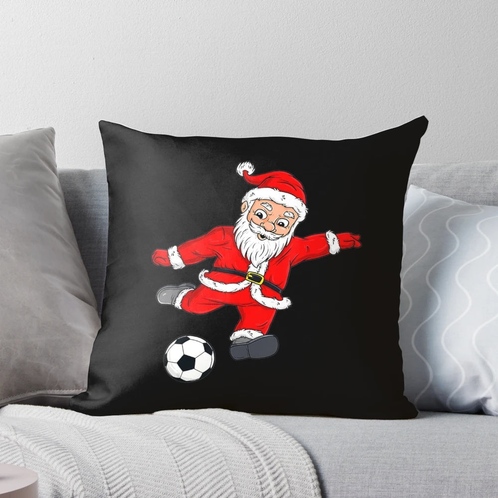 Cozy Christmas pillow with a soccer ball design and Santa Claus motif, perfect for holiday home decor.