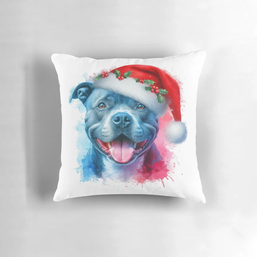 A colorful watercolor illustration of a Staffordshire Terrier wearing a Santa hat, perfect for Christmas home decor.