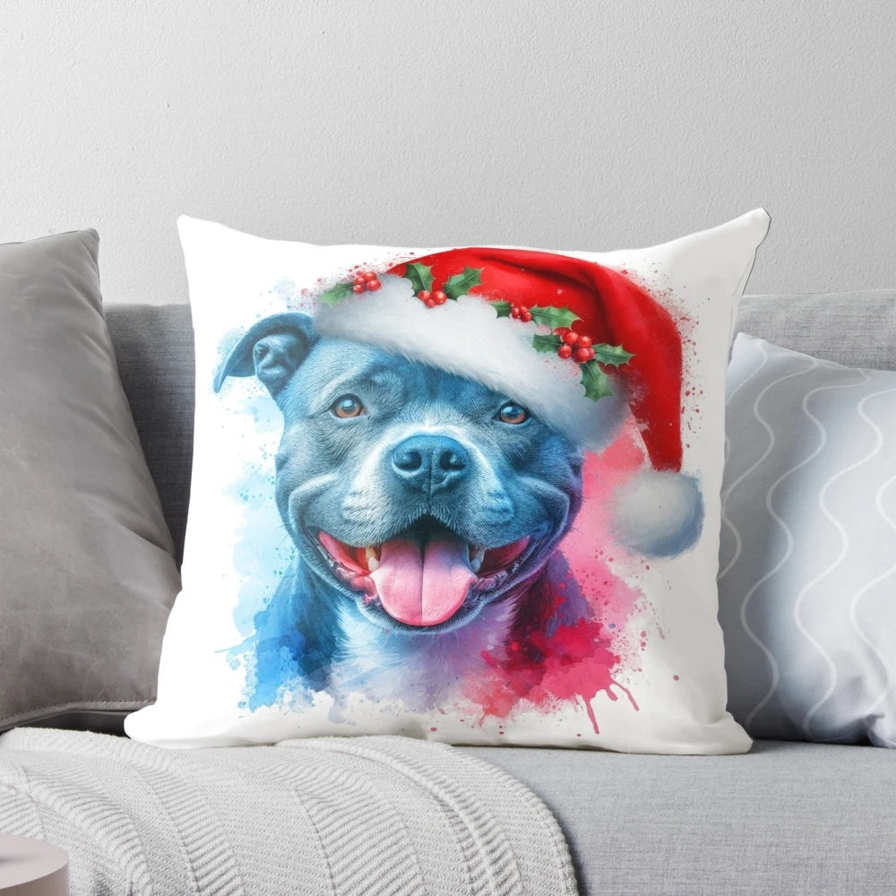 A colorful watercolor illustration of a Staffordshire Terrier wearing a Santa hat, perfect for Christmas home decor.
