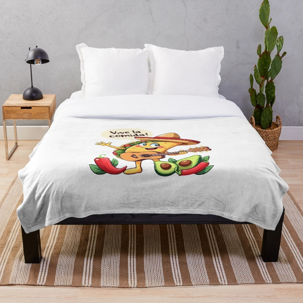 Plush blanket featuring a taco fiesta design with a guitar and Mexican-inspired elements