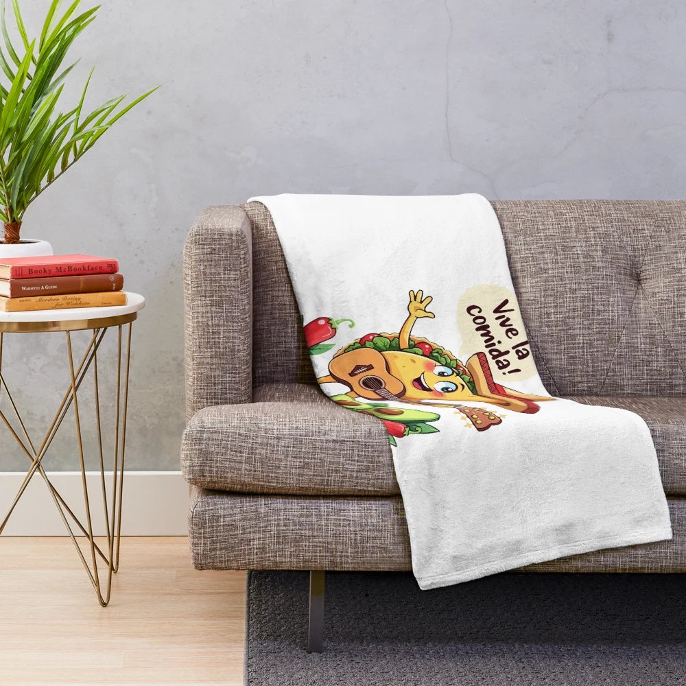 Plush blanket featuring a taco fiesta design with a guitar and Mexican-inspired elements