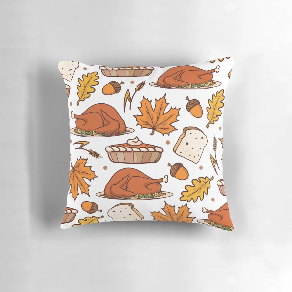 Cozy thanksgiving-themed pillow with fall leaves, turkey, and nuts design