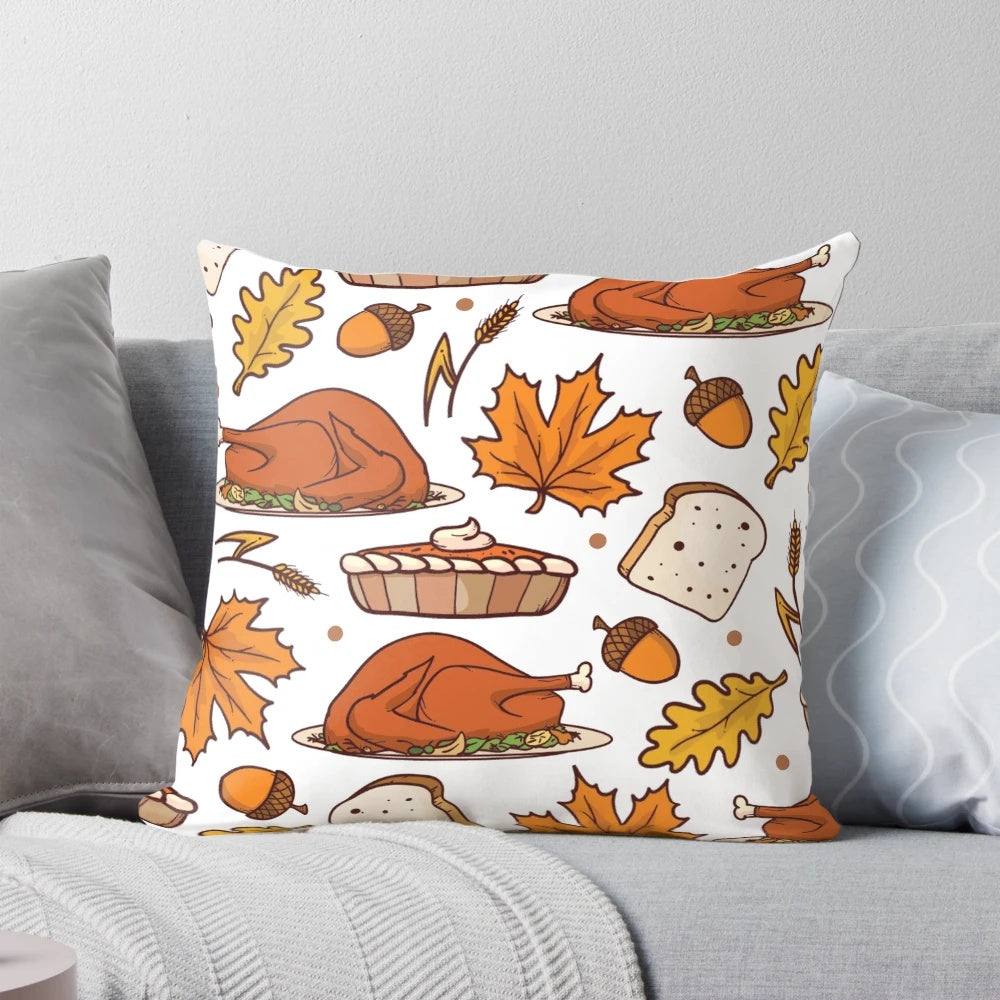 Cozy thanksgiving-themed pillow with fall leaves, turkey, and nuts design