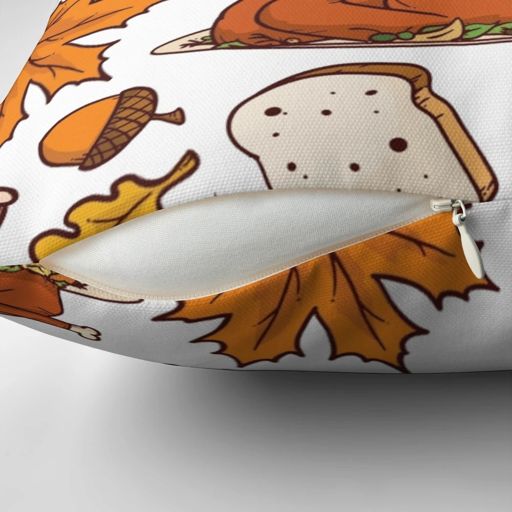 Cozy thanksgiving-themed pillow with fall leaves, turkey, and nuts design