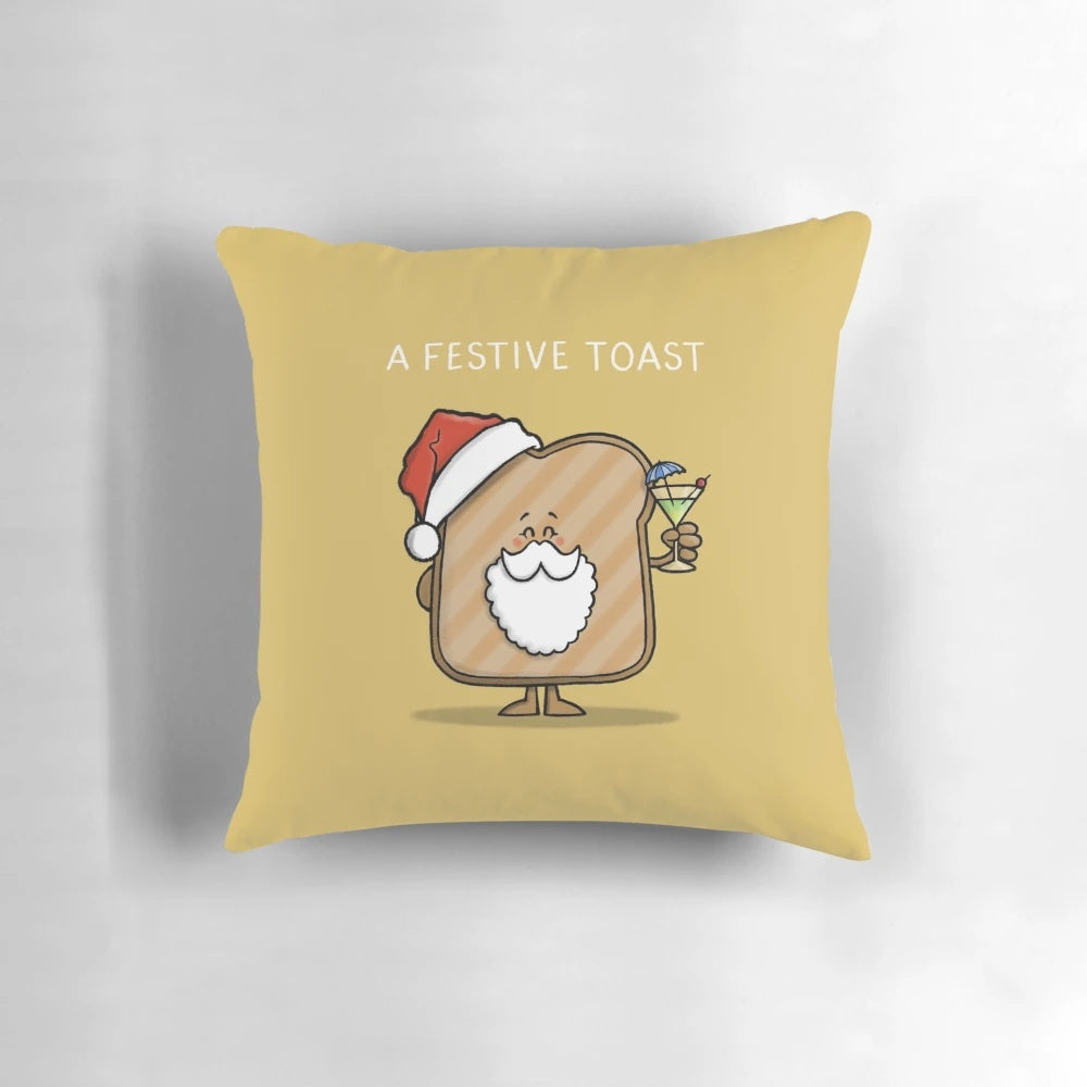 Festive toast-themed Christmas pillow with Santa, gin, and wine imagery