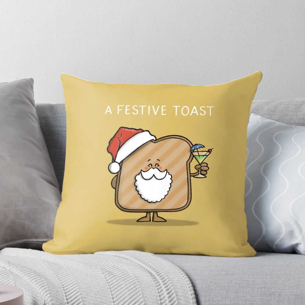 Festive toast-themed Christmas pillow with Santa, gin, and wine imagery