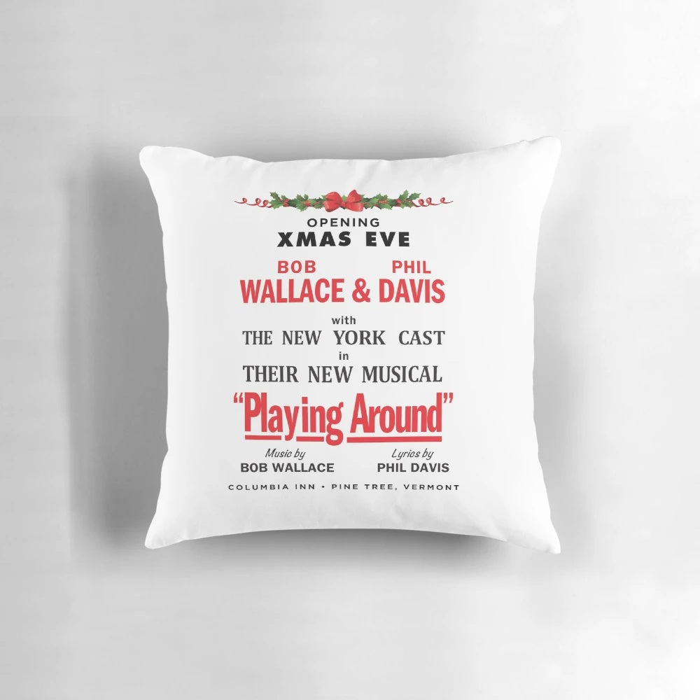 Cozy white Christmas-themed decorative pillow featuring holiday musical characters