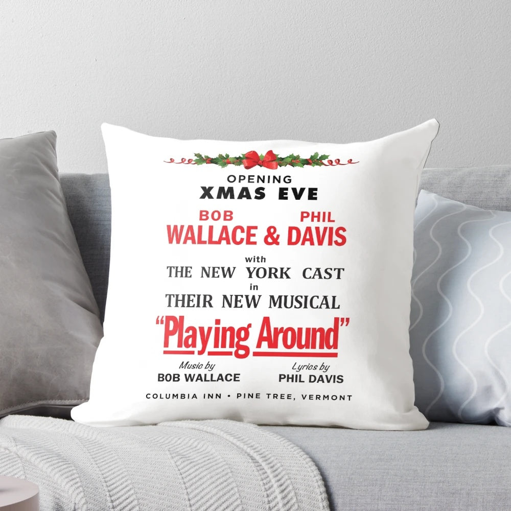 Cozy white Christmas-themed decorative pillow featuring holiday musical characters