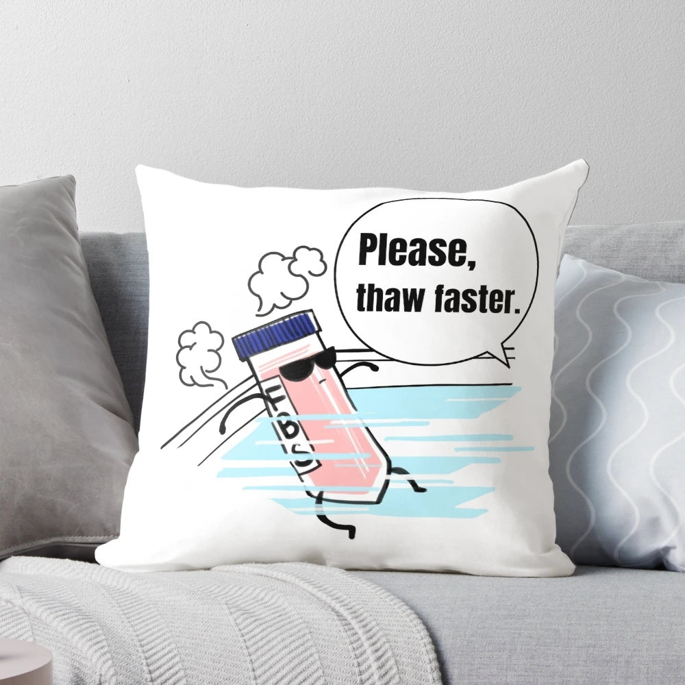 Funny lab pillow with text "Dear FBS: Please, Thaw Faster