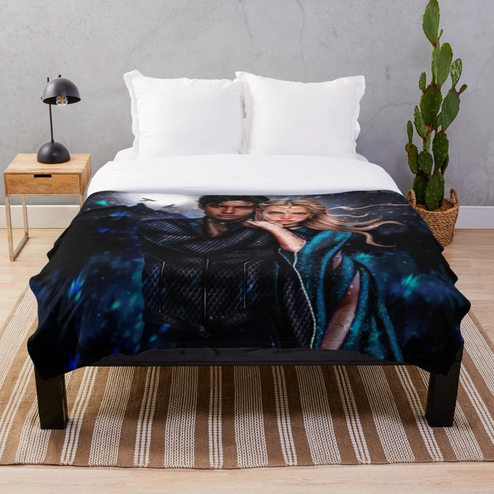 Feyre Archeron and Rhysand plush blanket featuring fan art from the A Court of Thorns and Roses series