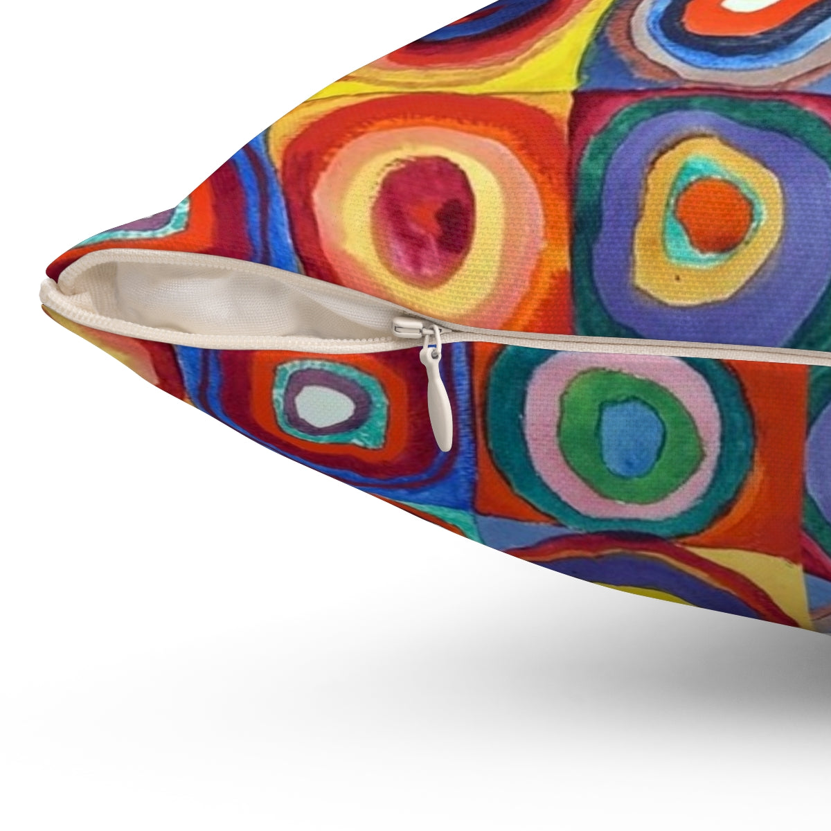 Colorful abstract art pillow featuring Wassily Kandinsky's "Color Study, Squares with Concentric Circles" design - Detail