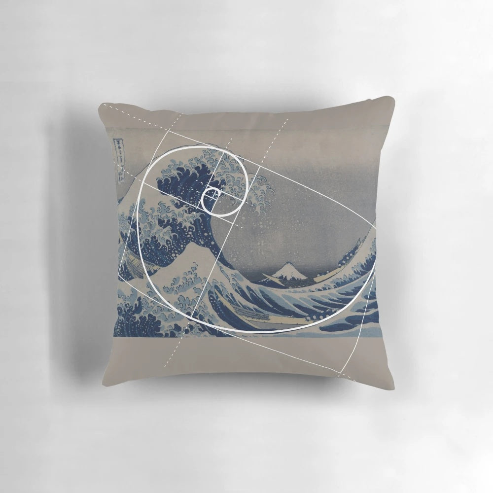 Fibonacci spiral pattern pillow with Hokusai's classic Japanese wave art
