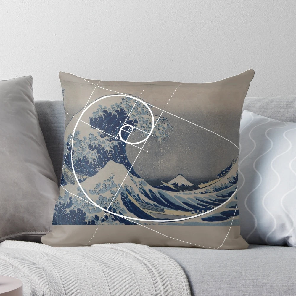 Fibonacci spiral pattern pillow with Hokusai's classic Japanese wave art