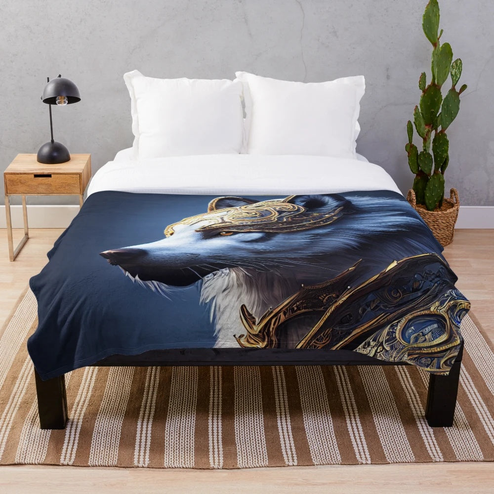 Fierce armored wolf plush blanket