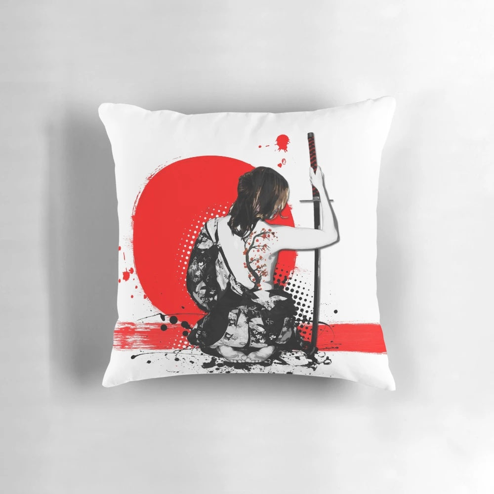 Artistic pillow featuring a fierce female samurai warrior with a Japanese katana sword and punk-inspired splash design
