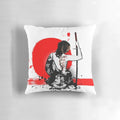 Artistic pillow featuring a fierce female samurai warrior with a Japanese katana sword and punk-inspired splash design