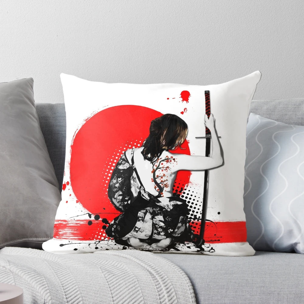 Artistic pillow featuring a fierce female samurai warrior with a Japanese katana sword and punk-inspired splash design
