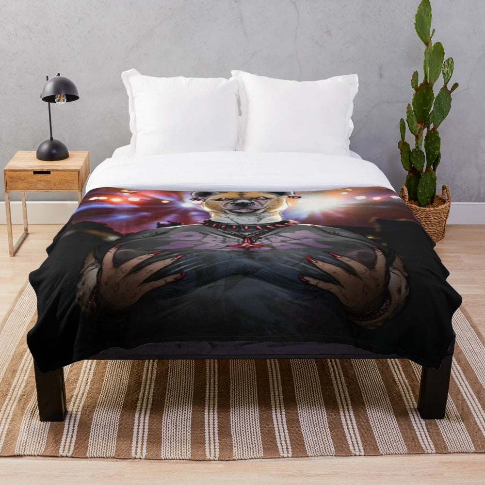 A plush blanket featuring a fierce, dark hyena in a heavy metal style artwork.