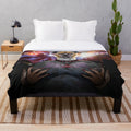 A plush blanket featuring a fierce, dark hyena in a heavy metal style artwork.