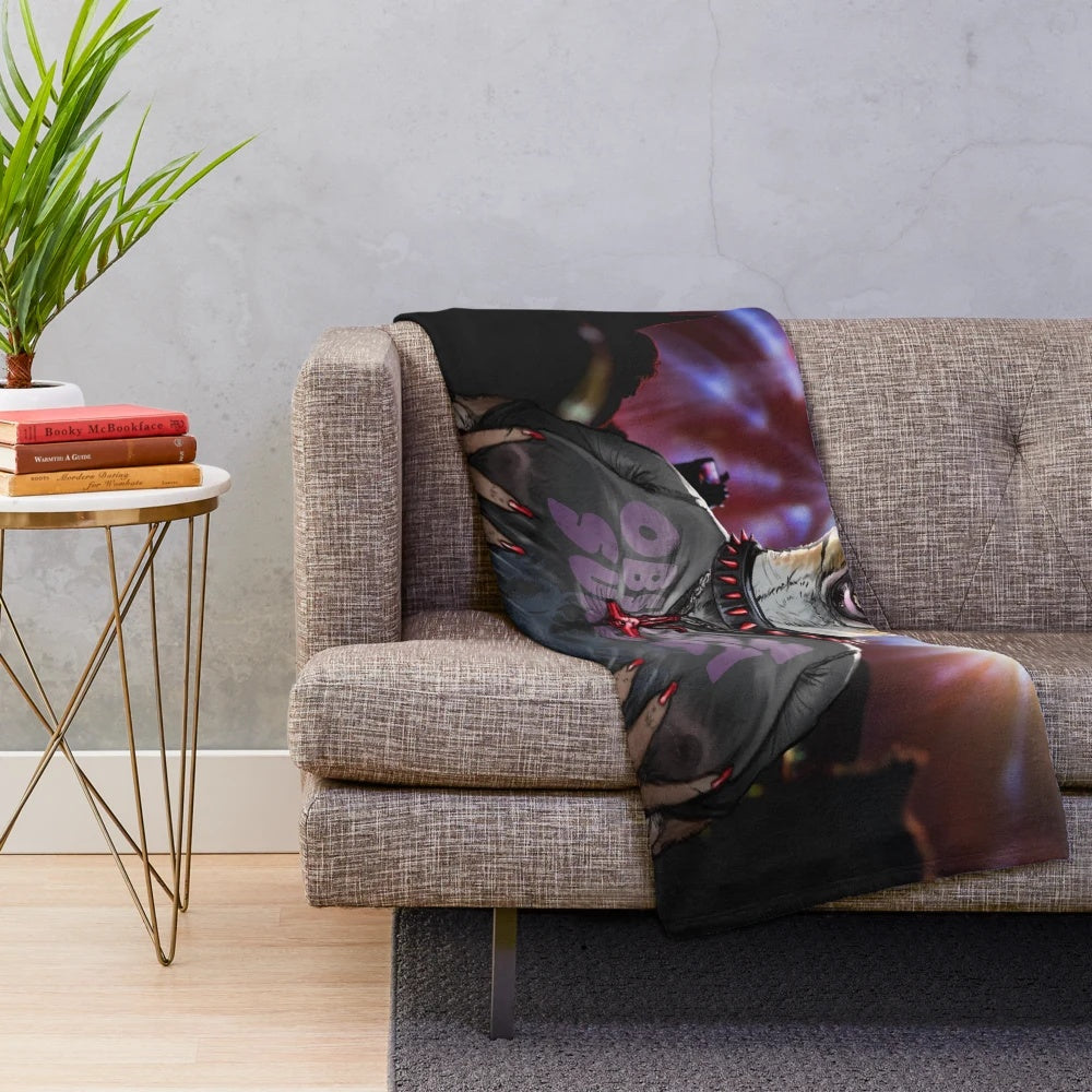 A plush blanket featuring a fierce, dark hyena in a heavy metal style artwork.