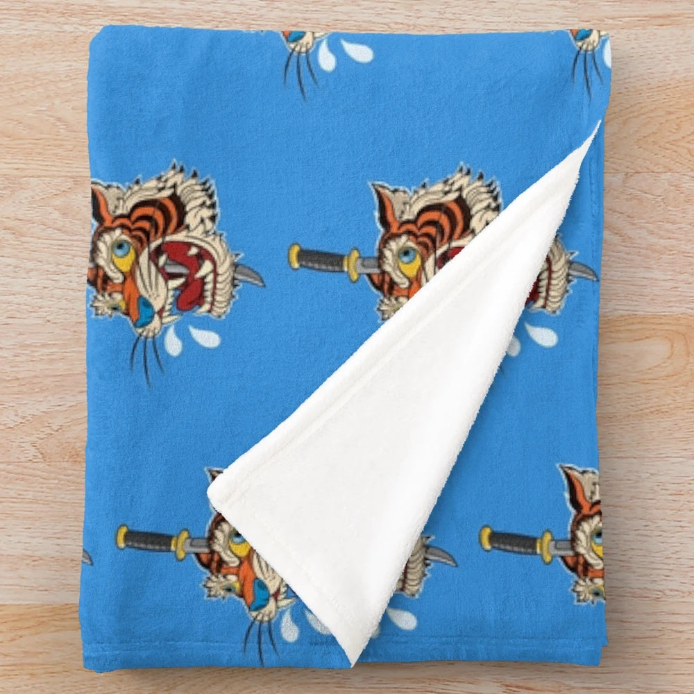 Fierce tiger plush blanket with vintage cartoon and samurai sword design