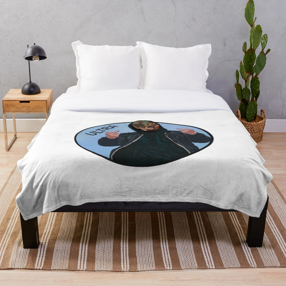 Plush blanket with bold, aggressive hooligan-inspired emblem design