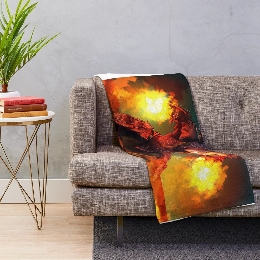 Fiery dragon warrior plush blanket with fantasy design