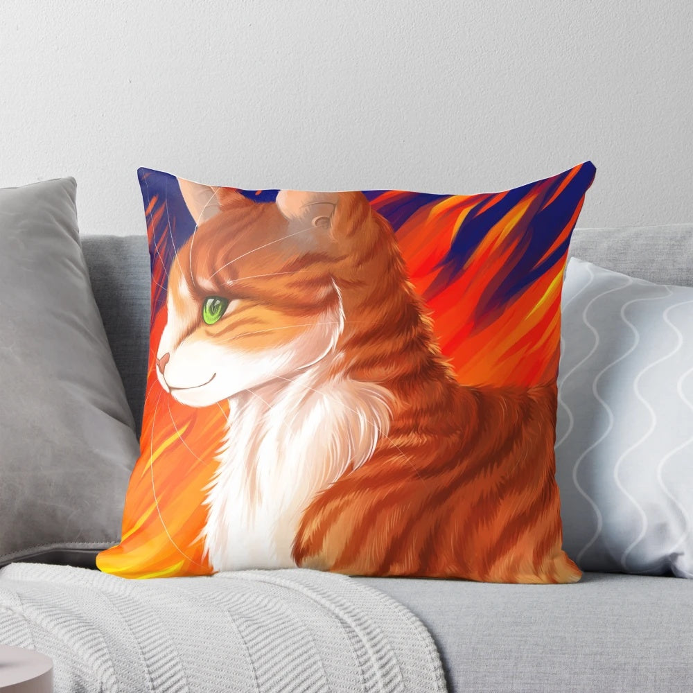 Firestar inspired throw pillow featuring a feline design