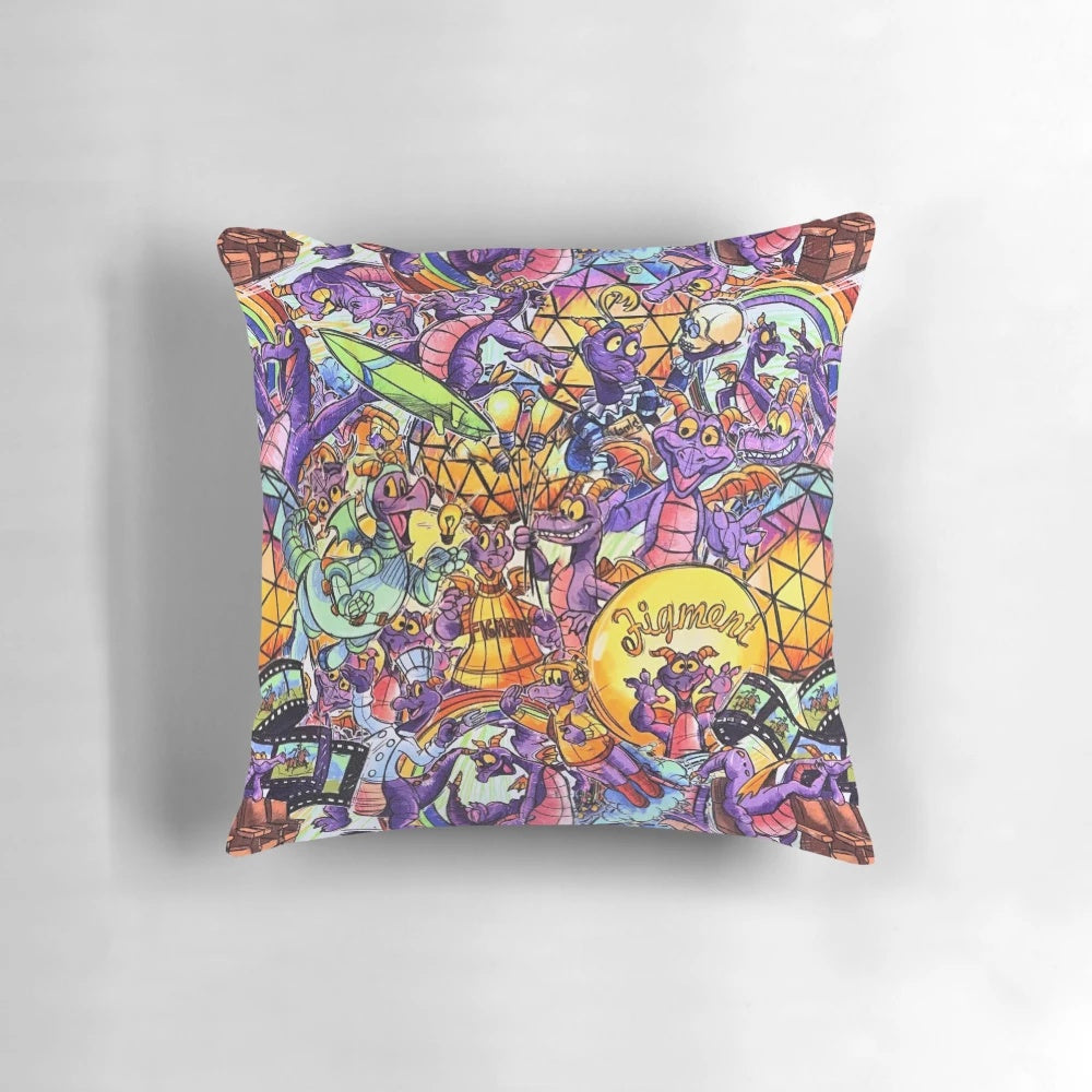Colorful Figment collage design on a soft, plush pillow for Disney Epcot fans