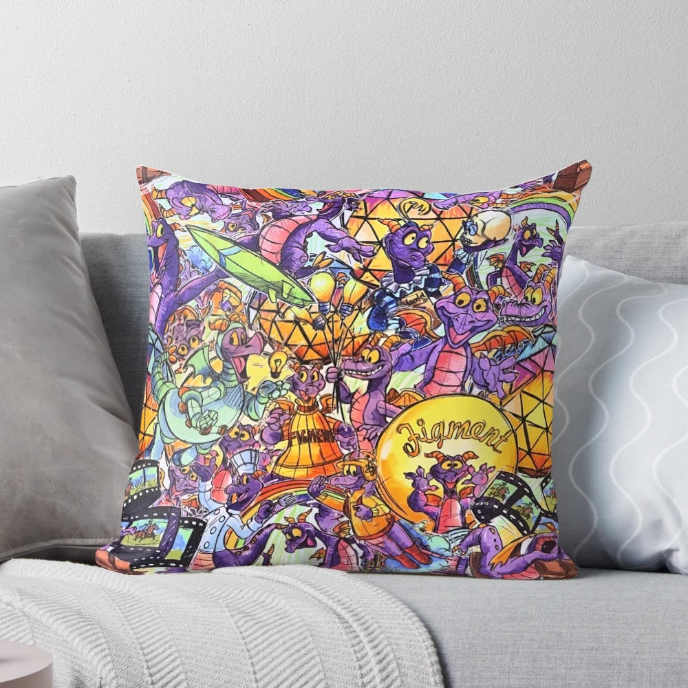 Colorful Figment collage design on a soft, plush pillow for Disney Epcot fans