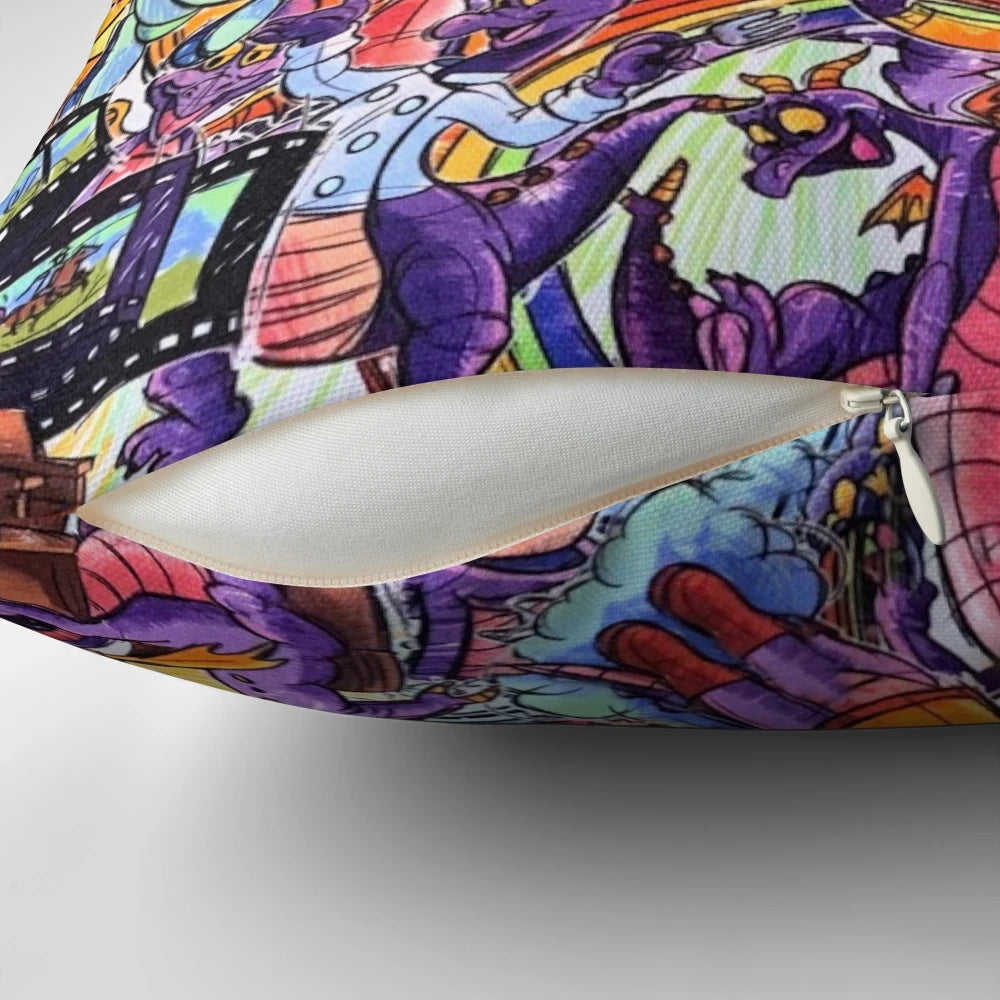 Colorful Figment collage design on a soft, plush pillow for Disney Epcot fans