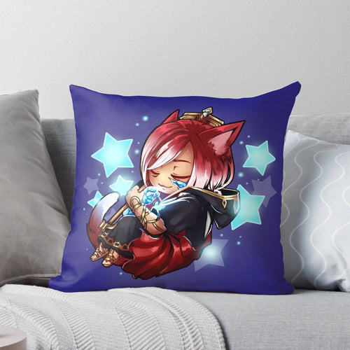"High-quality plush pillow inspired by the character G'raha Tia from the popular video game Final Fantasy XIV"