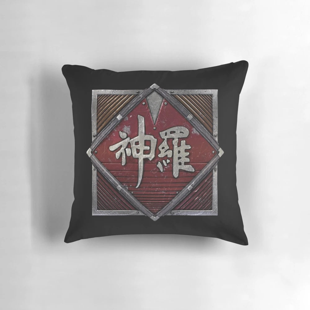 Plush Final Fantasy VII inspired pillow with an industrial power company logo design.