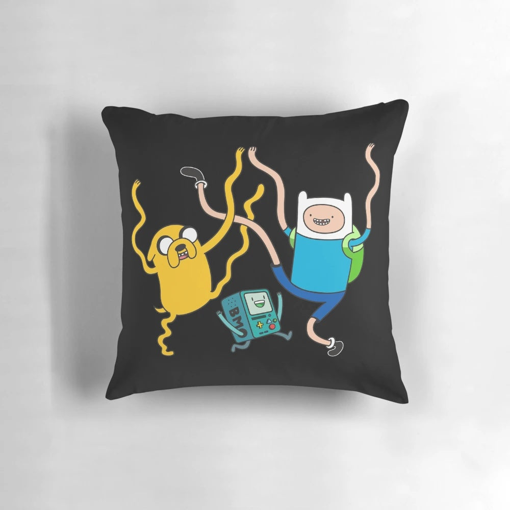 Finn and Jake from Adventure Time sitting on a colorful BMO-themed pillow, perfect for gaming, relaxing, and taking breaks.