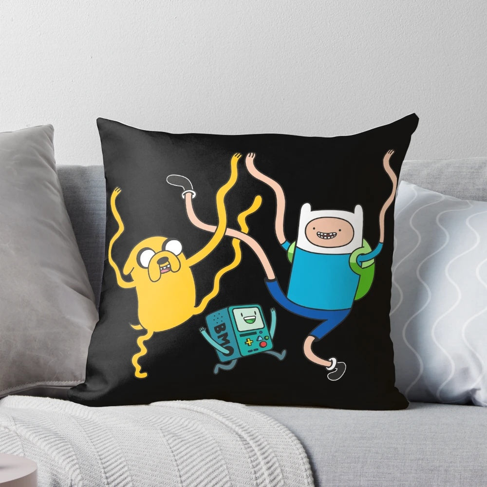 Finn and Jake from Adventure Time sitting on a colorful BMO-themed pillow, perfect for gaming, relaxing, and taking breaks.