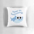 Finny the Shark plush pillow with "Keep On Swimming" text and cartoon shark design