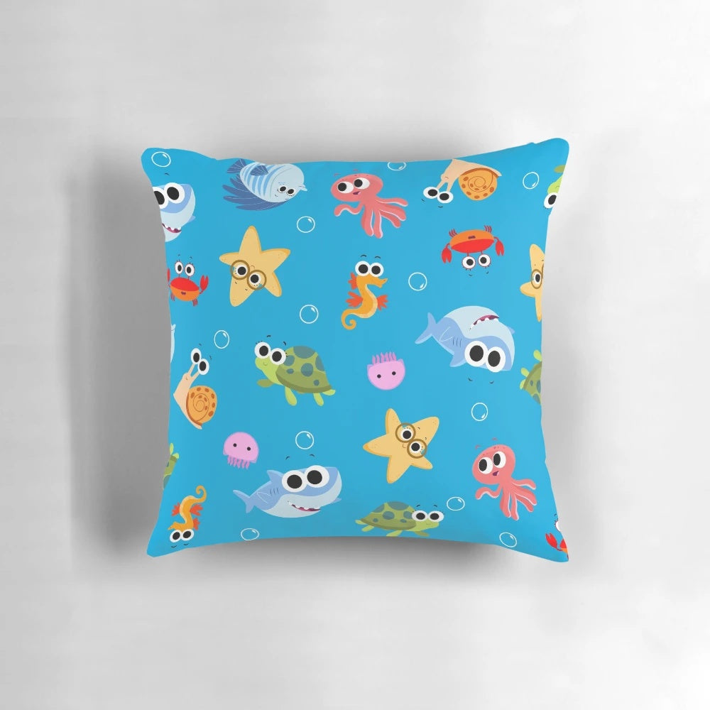 Finny the Shark Pattern 01 Pillow, a soft and colorful pillow featuring a baby shark and other sea creatures