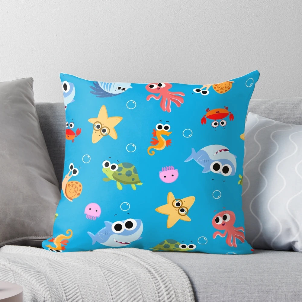Finny the Shark Pattern 01 Pillow, a soft and colorful pillow featuring a baby shark and other sea creatures