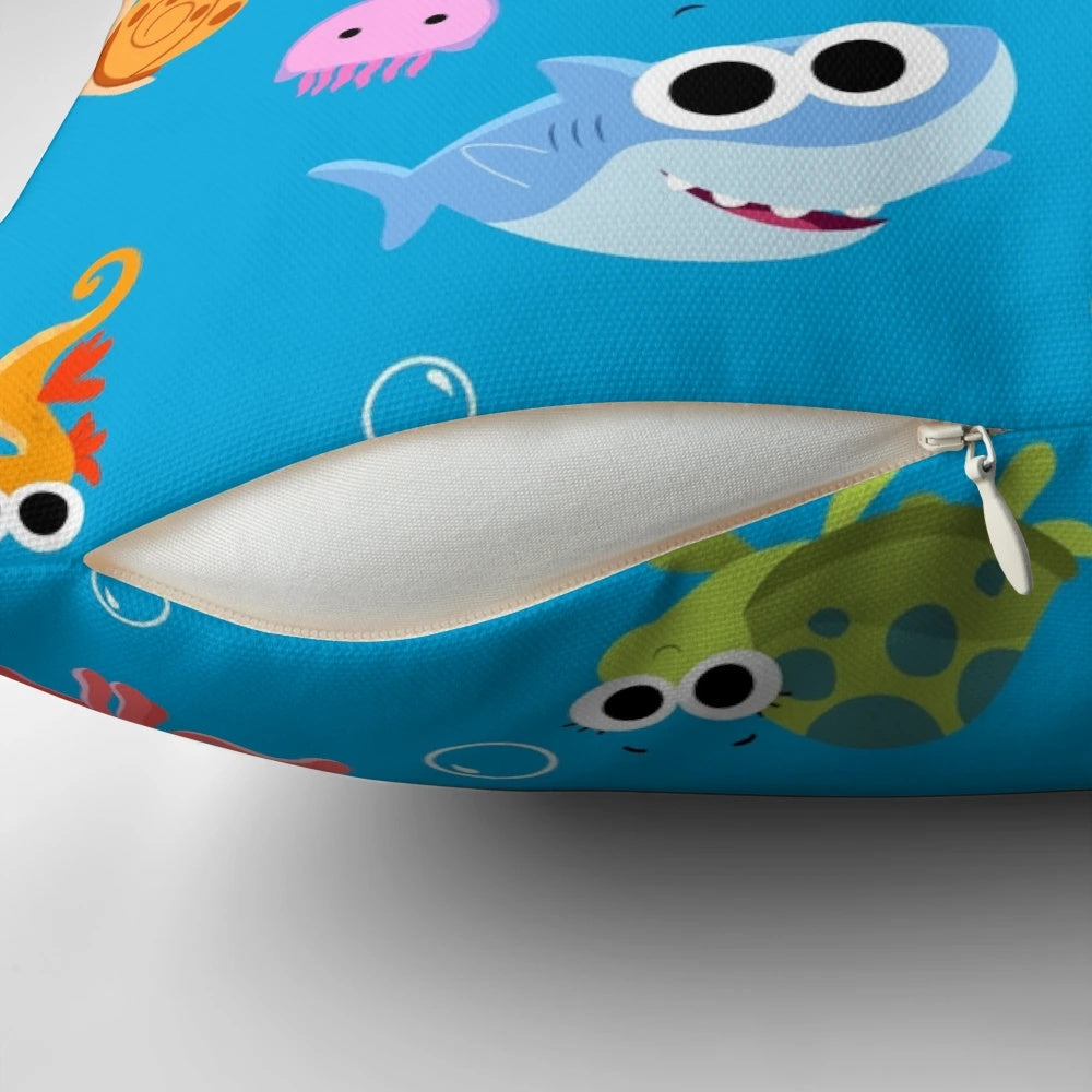 Finny the Shark Pattern 01 Pillow, a soft and colorful pillow featuring a baby shark and other sea creatures
