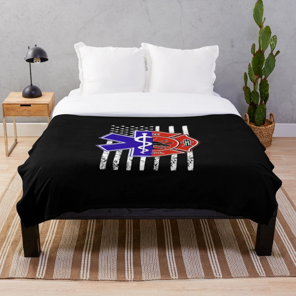 Firefighter and EMT plush blanket with fire department and emergency medical symbols