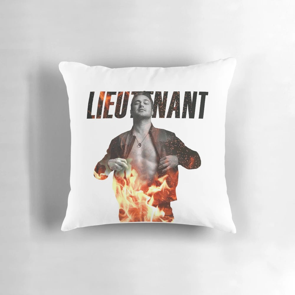 A throw pillow featuring the character Lieutenant Kelly Severide from the TV show Chicago Fire.