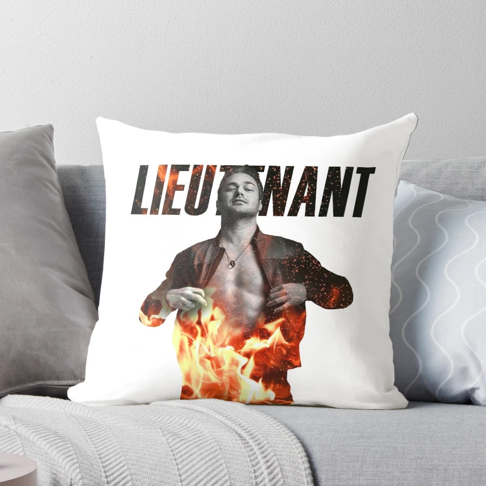 A throw pillow featuring the character Lieutenant Kelly Severide from the TV show Chicago Fire.
